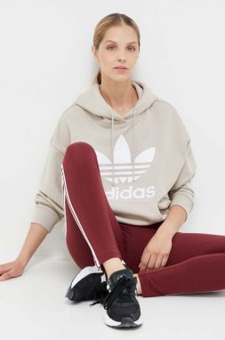 Bavlnená mikina adidas Originals dámska, béžová farba, s kapucňou, s potlačou