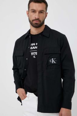Košeľa Calvin Klein Jeans pánska, čierna farba, voľný strih, s klasickým golierom