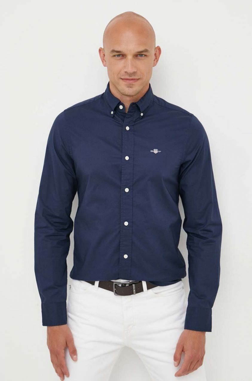 Bavlnená košeľa Gant pánska, tmavomodrá farba, slim, s golierom button-down