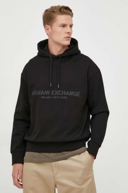 Bavlnená mikina Armani Exchange pánska, čierna farba, s kapucňou, s potlačou