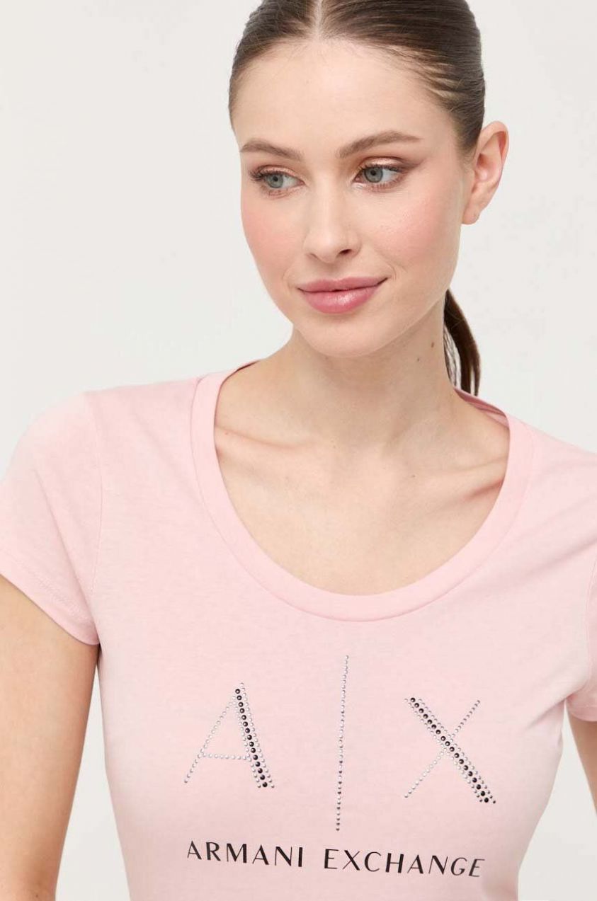 Bavlnené tričko Armani Exchange ružová farba
