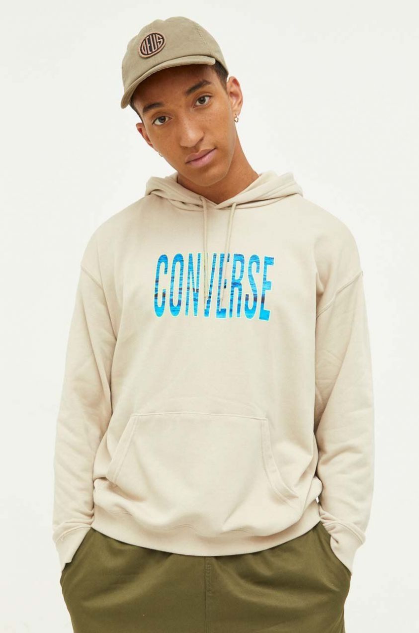 Mikina Converse pánska, béžová farba, s kapucňou, s potlačou