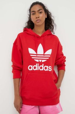 Bavlnená mikina adidas Originals dámska, červená farba, s kapucňou, vzorovaná