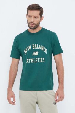 Bavlnené tričko New Balance zelená farba, s potlačou