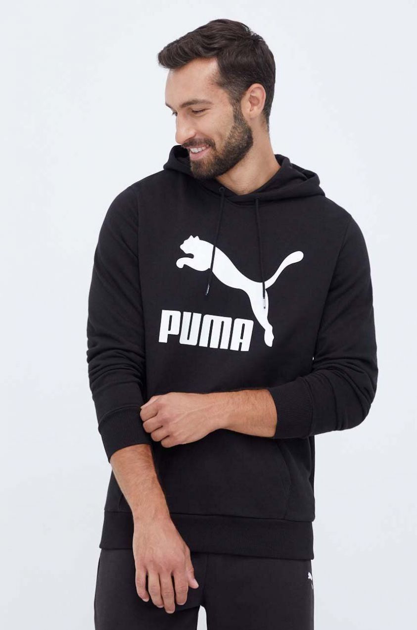 Bavlnená mikina Puma pánska, čierna farba, s kapucňou, s potlačou