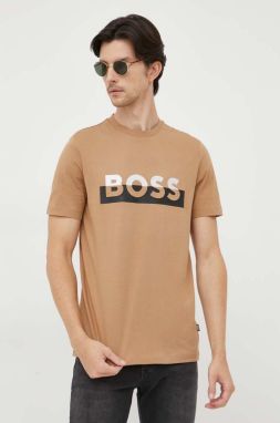 Bavlnené tričko BOSS béžová farba, s potlačou