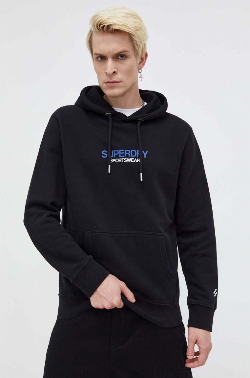 Mikina Superdry pánska, čierna farba, s kapucňou, s potlačou