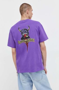 Bavlnené tričko Quiksilver fialová farba, s potlačou