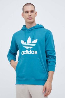 Bavlnená mikina adidas Originals pánska, tyrkysová farba, s kapucňou, s potlačou