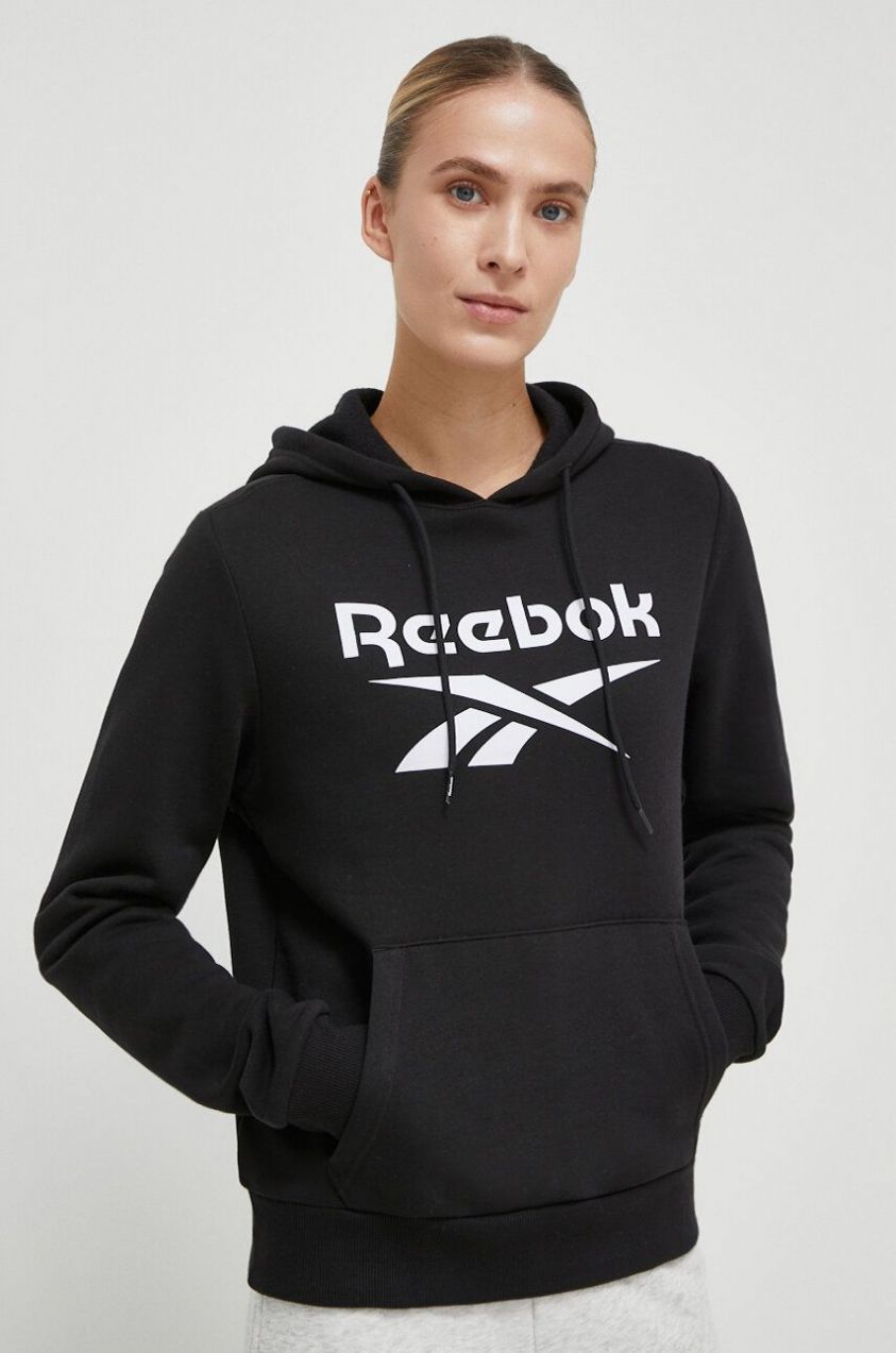 Mikina Reebok dámska, čierna farba, s kapucňou, s potlačou