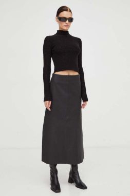 Kožená sukňa By Malene Birger čierna farba, midi, áčkový strih