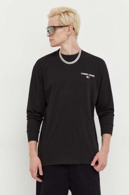 Bavlnené tričko s dlhým rukávom Tommy Jeans čierna farba, jednofarebný