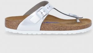 Kožené žabky Birkenstock Gizeh 1003675-Silver, dámske, strieborná farba, na plochom podpätku