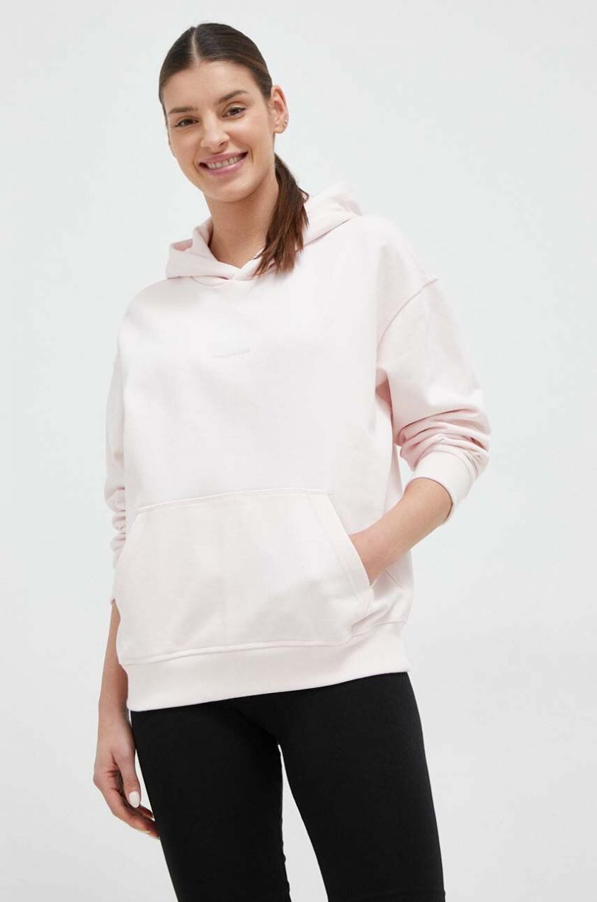 Bavlnená mikina New Balance WT23554WAN-WAN, dámska, ružová farba, s kapucňou, jednofarebná
