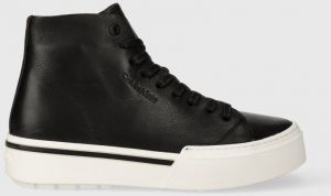 Kožené tenisky Calvin Klein HIGH TOP LACE UP pánske, čierna farba, HM0HM01165