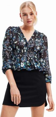 Blúzka Desigual 23WWBW06 WOMAN WOVEN BLOUSE LONG SLEEVE dámska, tmavomodrá farba, kvetované