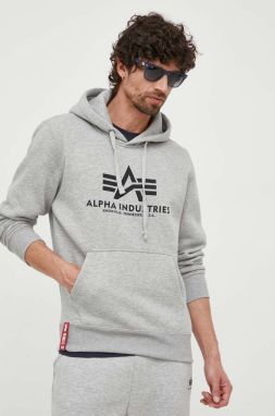 Mikina Alpha Industries Basic Hoody 178312.17, pánska, šedá farba, s kapucňou, s potlačou