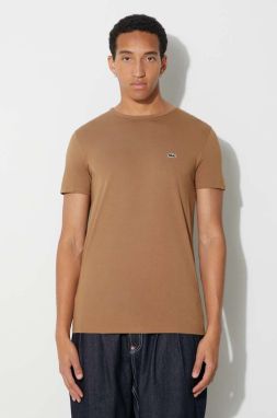 Bavlnené tričko Lacoste hnedá farba, jednofarebný