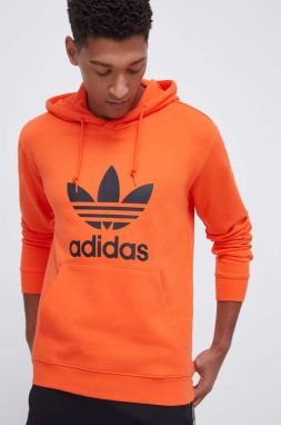Bavlnená mikina adidas Originals pánska, oranžová farba, s kapucňou, s potlačou