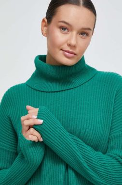 Vlnený sveter United Colors of Benetton dámsky, zelená farba, tenký, s rolákom
