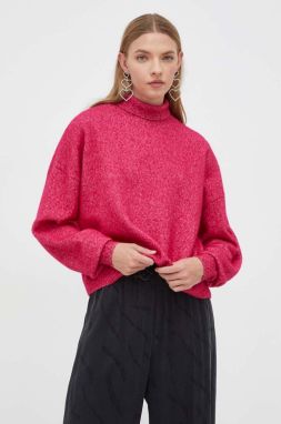 Vlnený sveter HUGO dámsky, ružová farba, tenký, s rolákom