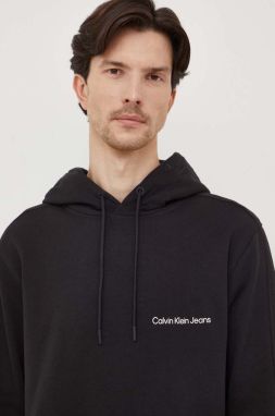 Bavlnená mikina Calvin Klein Jeans pánska, čierna farba, s kapucňou, jednofarebná