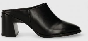 Kožené šľapky Calvin Klein GEO BLOCK MULE 60 dámske, čierna farba, na podpätku, HW0HW01844