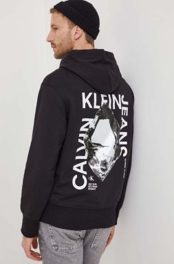 Bavlnená mikina Calvin Klein Jeans pánska, čierna farba, s kapucňou, s potlačou