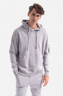 Bavlnená mikina Alpha Industries Organics Emb Hoody 118350.643-grey, pánska, šedá farba, s kapucňou, s nášivkou