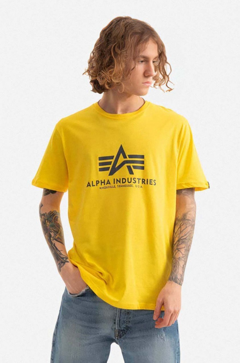 Bavlnené tričko Alpha Industries 100501.465-yellow, žltá farba, s potlačou