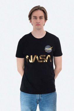 Bavlnené tričko Alpha Industries NASA Reflective T 178501.365, čierna farba, s potlačou