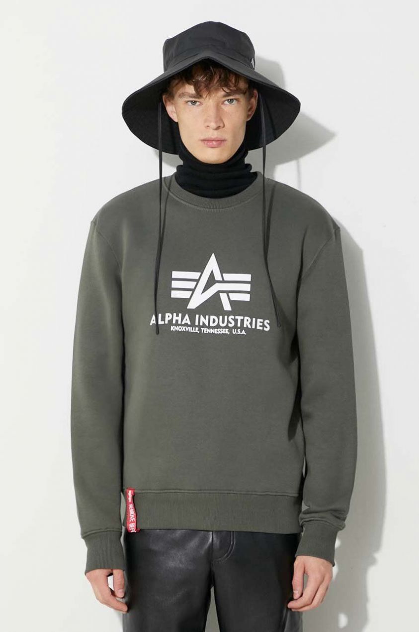 Mikina Alpha Industries Basic Sweater 178302.142, pánska, zelená farba, s potlačou