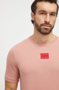 Bavlnené tričko HUGO ružová farba, s nášivkou
