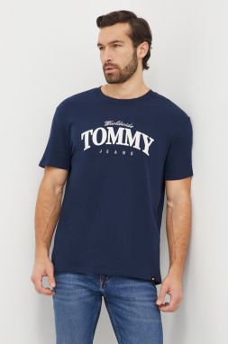 Bavlnené tričko Tommy Jeans pánsky, tmavomodrá farba, s potlačou