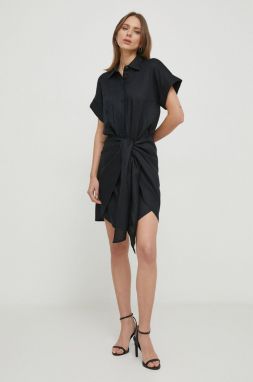 Ľanové šaty Lauren Ralph Lauren čierna farba, mini, rovný strih