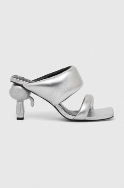 Kožené šľapky Karl Lagerfeld IKON HEEL dámske, strieborná farba, na podpätku, KL39005A