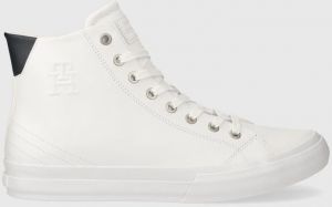 Kožené tenisky Tommy Hilfiger TH HI VULC STREET LTH ESS pánske, biela farba, FM0FM04897