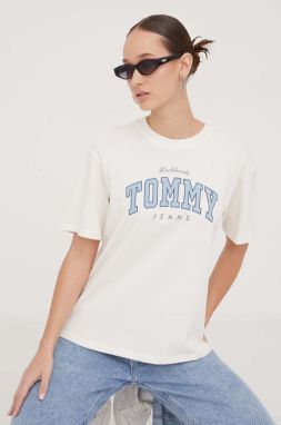 Bavlnené tričko Tommy Jeans dámsky, béžová farba