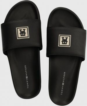 Kožené šľapky Tommy Hilfiger TH RUBBER PATCH LEATHER SANDAL pánske, čierna farba, FM0FM05031