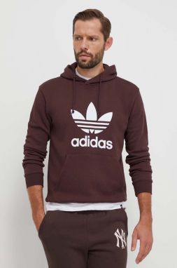 Bavlnená mikina adidas Originals pánska, hnedá farba, s kapucňou, s potlačou