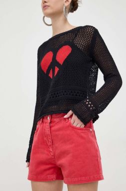 Rifľové krátke nohavice Moschino Jeans dámske, červená farba, jednofarebné, vysoký pás