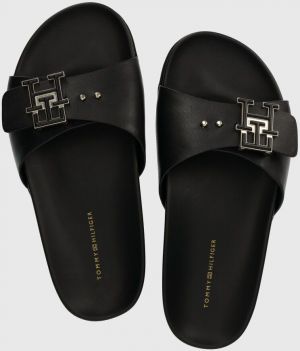 Kožené šľapky Tommy Hilfiger TH HARDWARE LEATHER FLAT SANDAL dámske, čierna farba, FW0FW07940