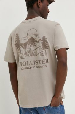 Bavlnené tričko Hollister Co. pánsky, béžová farba, s nášivkou