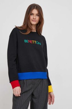 Bavlnená mikina United Colors of Benetton dámska, čierna farba, s nášivkou