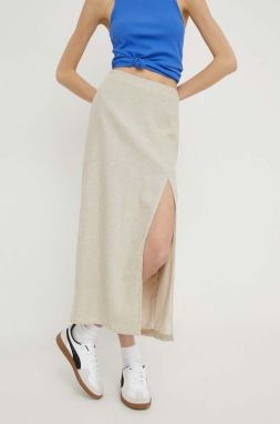 Ľanová sukňa Hollister Co. béžová farba, midi, rovný strih