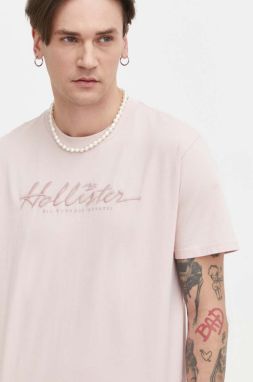 Bavlnené tričko Hollister Co. pánsky, ružová farba, s nášivkou