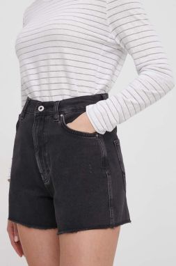 Rifľové krátke nohavice Pepe Jeans dámske, čierna farba, jednofarebné, vysoký pás