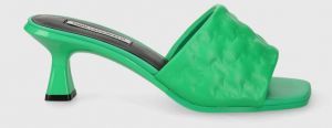 Kožené šľapky Karl Lagerfeld PANACHE II dámske, zelená farba, na podpätku, KL30113