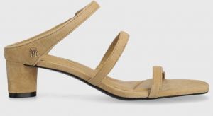 Semišové šľapky Tommy Hilfiger TH STRAP SUEDE MID HEEL dámske, béžová farba, na podpätku, FW0FW08043