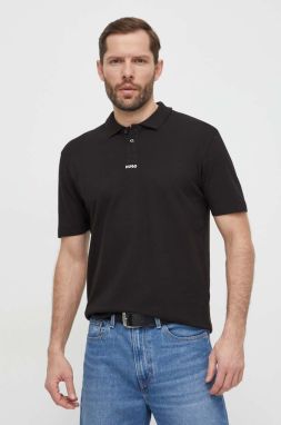 Bavlnené polo tričko HUGO čierna farba, jednofarebný